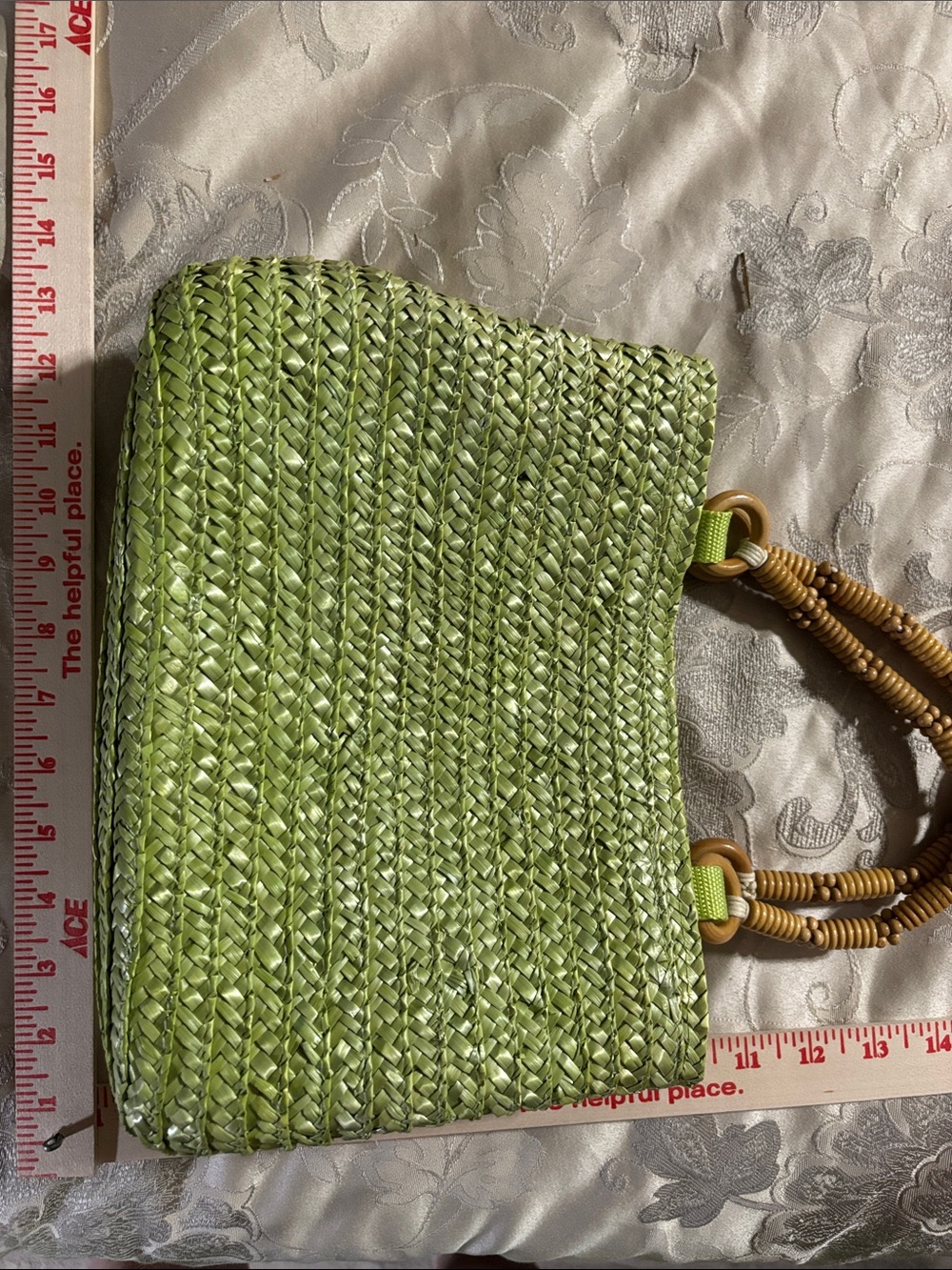 Green Woven Straw Tote with Bamboo-Style Handles - Picture 9 of 10